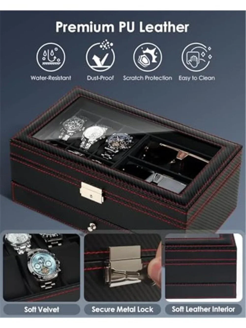 Watch Jewelry Box Organizer, 6-Slot 2-Layer Watch Case and Sunglasses